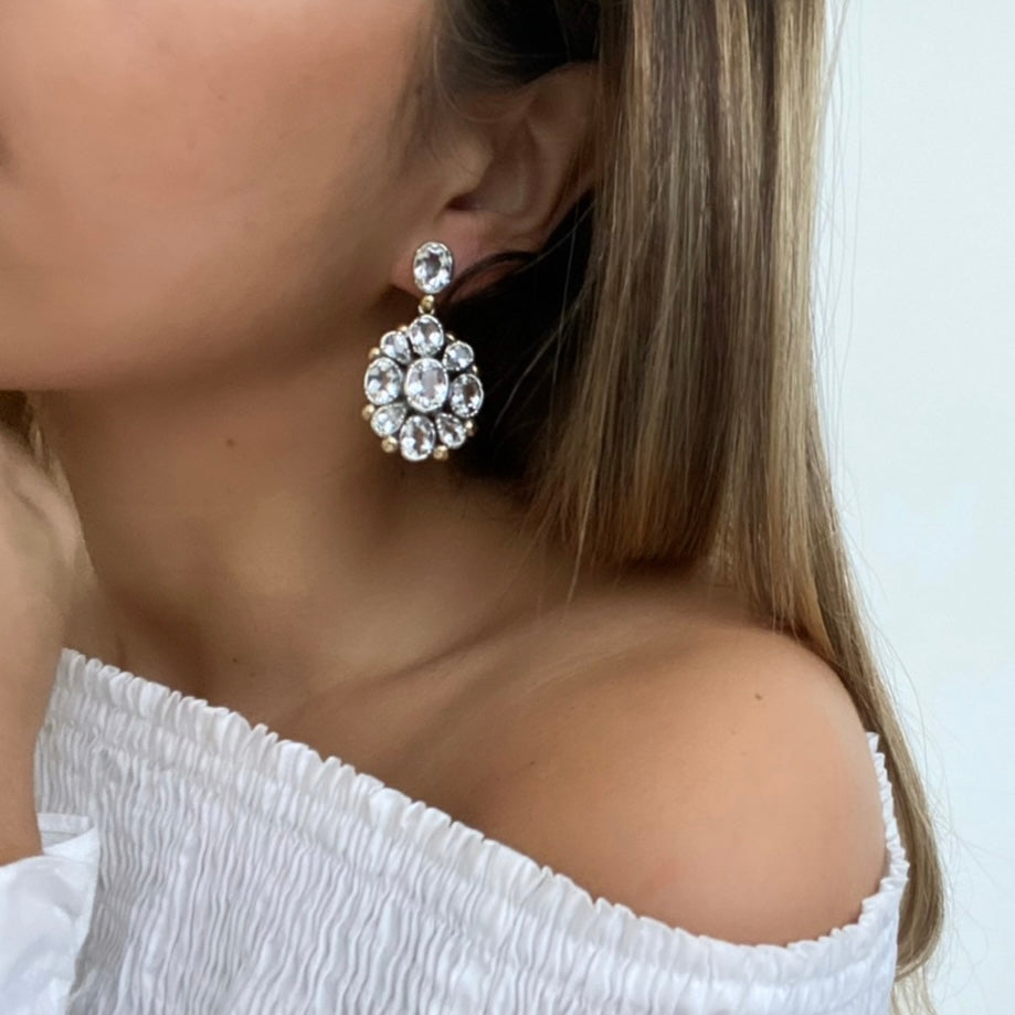 Brinco flor cristal Rocha e ouro